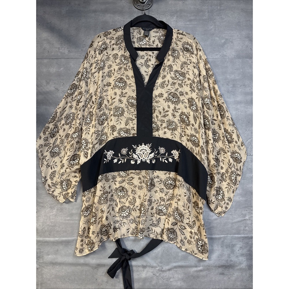 Silk land Woman 3X Brown & Black floral Tunic Embroidered Waist Tie Back